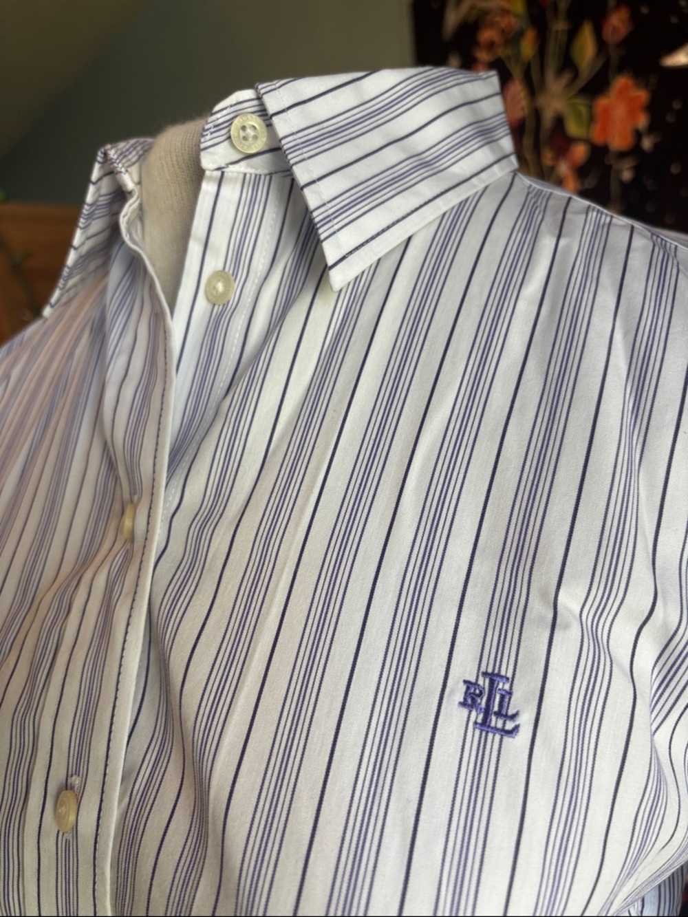Lauren Ralph Lauren White Shirt with Blue Pinstripes